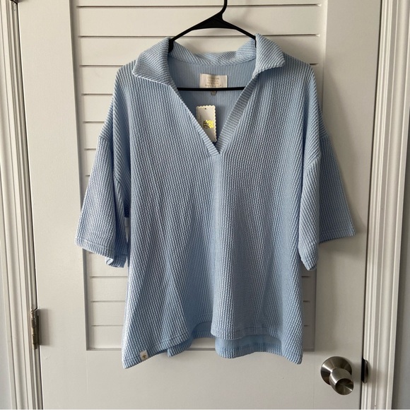 Simply Southern Tops - Simply Southern Urban Ribbed V-Neck Collared Light Blue Blouse Size XL NWT